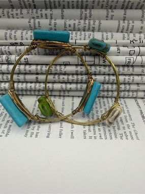 Handcrafted Gold Wire Bracelets with Turquoise, Green and Cream Stone Accents